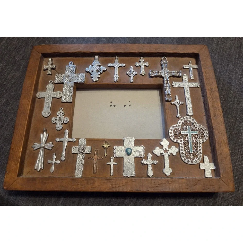 Wood Table Picture Frame Covered in Small Silver Crosses Turquoise & Designs